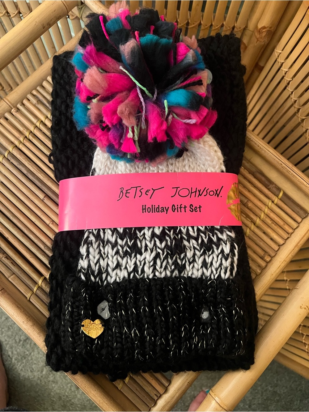 Betsey Johnson holiday gift set with Knit Hat with Multicolor Pom and scarf